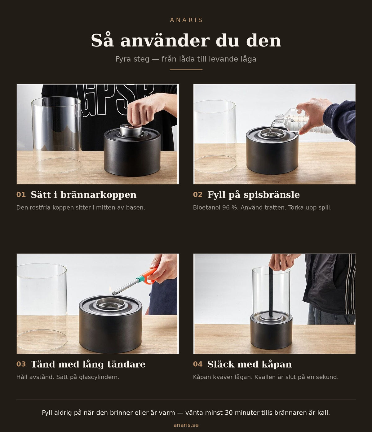 Fyra steg: sätt i brännarkoppen, fyll på spisbränsle, tänd, släck med kåpan